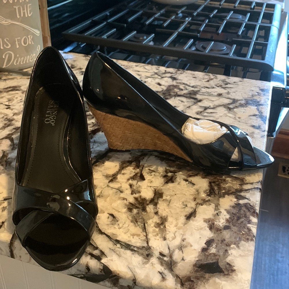 Franco Sarto cork wedge patent leather open toes. Brand new .Retail 89